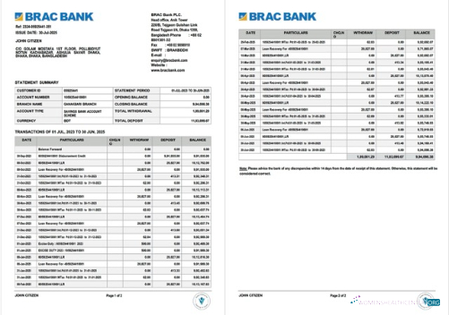 Download Bangladesh BRAC bank account statement word